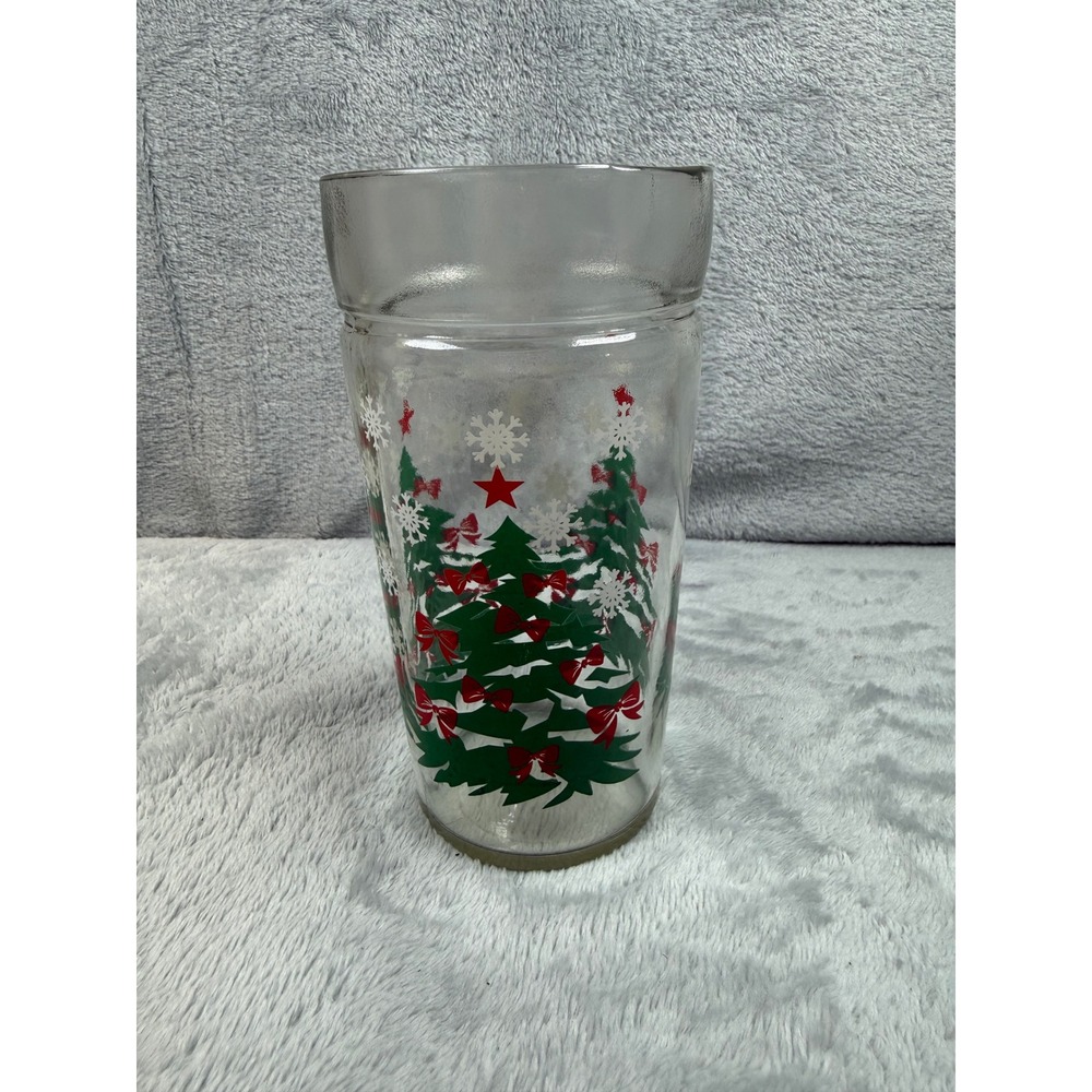 Vintage Christmas Tree Glass Tumbler Red Bow Star Snowflake